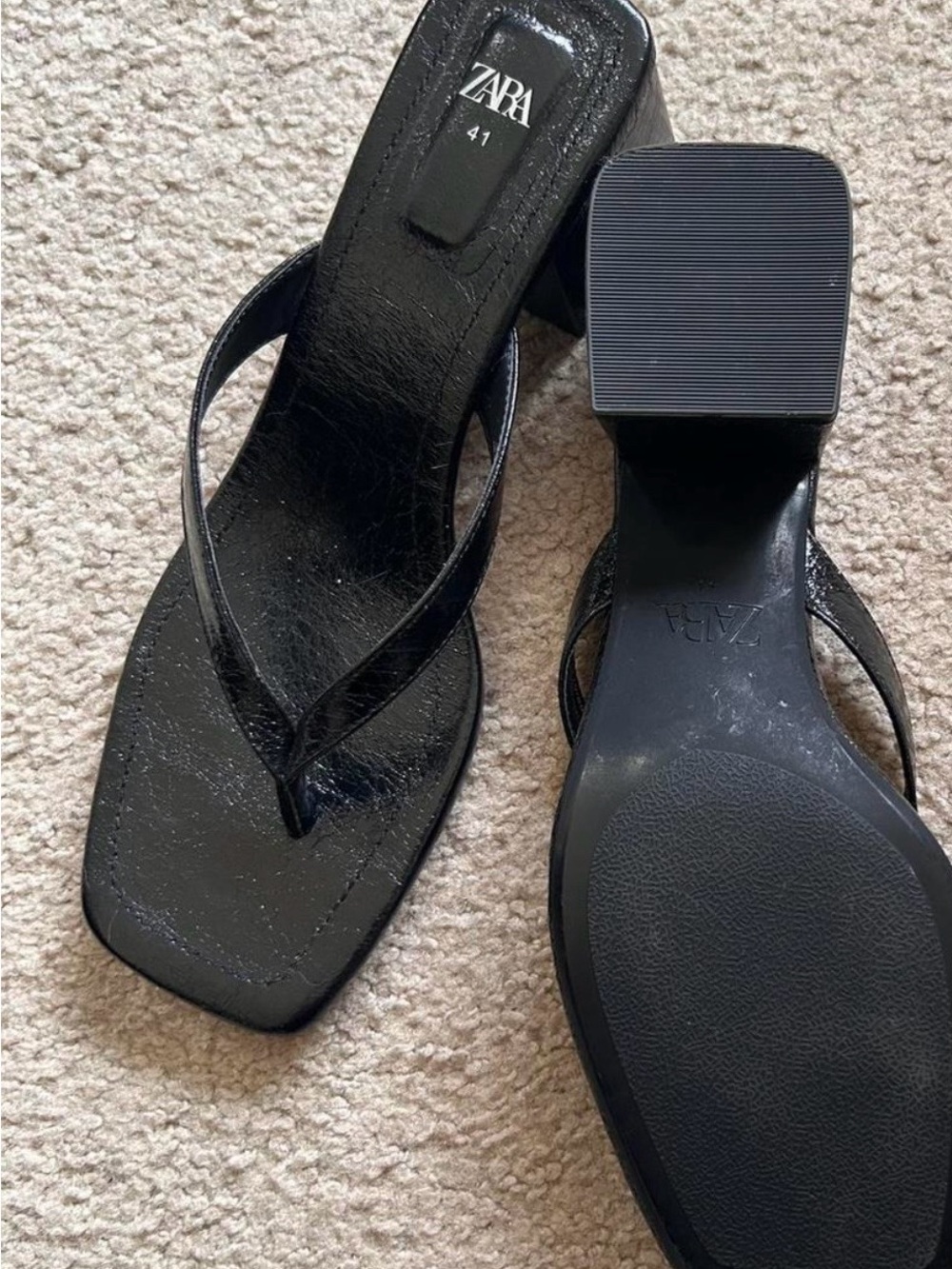 Zara Black Square-Toe Block Heel Thong Sandals - Picture 3 of 3